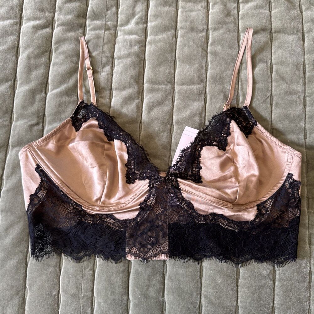 Victoria’s Secret Tan Satin Black Lace Triangle Bralette Medium Sexy Layers